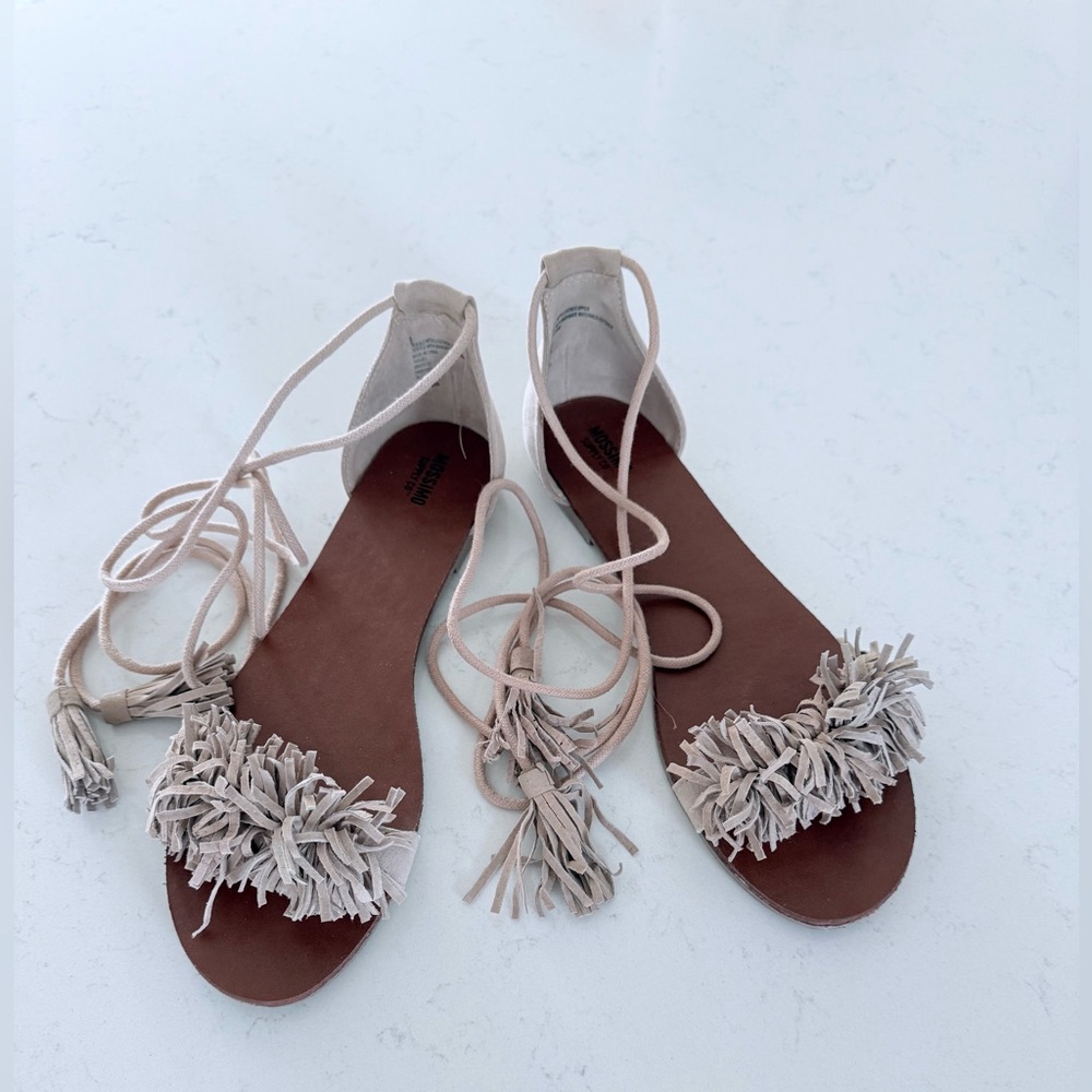 Mossimo tan Fringe Sandals with long lace/ worn once